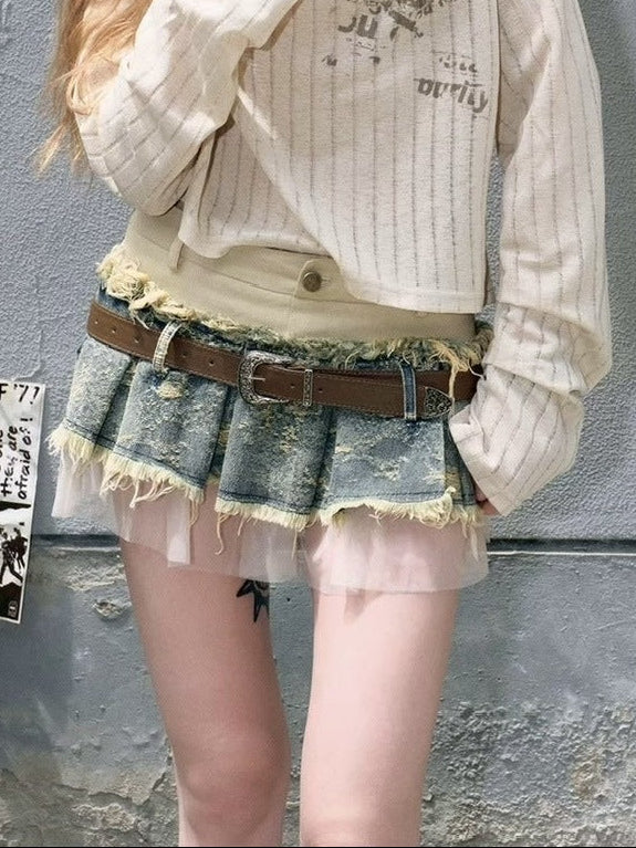 【Cest Nous】Belted Denim Pleated Skirt