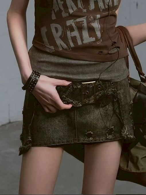 【Cest Nous】Denim Raw Hem Short Skirt