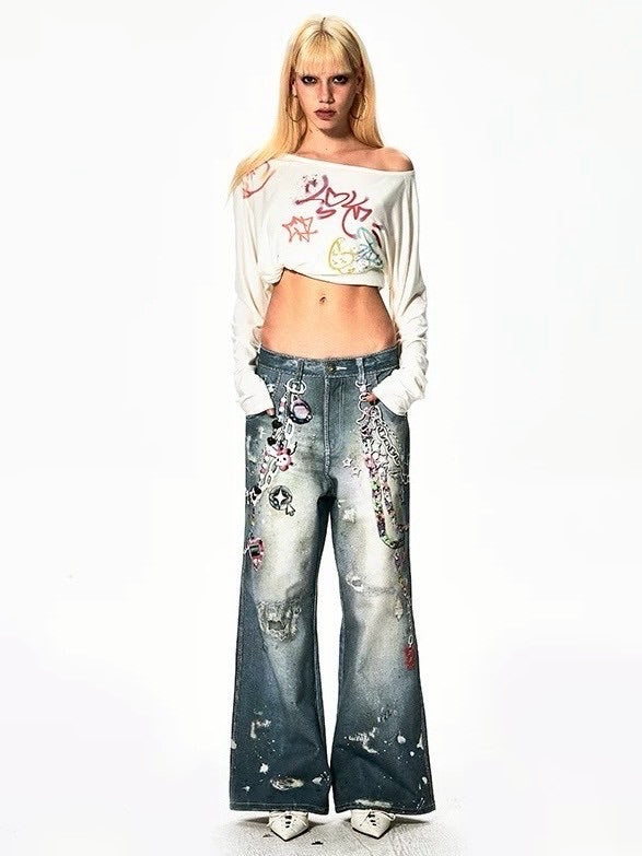 【DND4DES】Y2K CARTOON PENDANTS PRINT PANTS