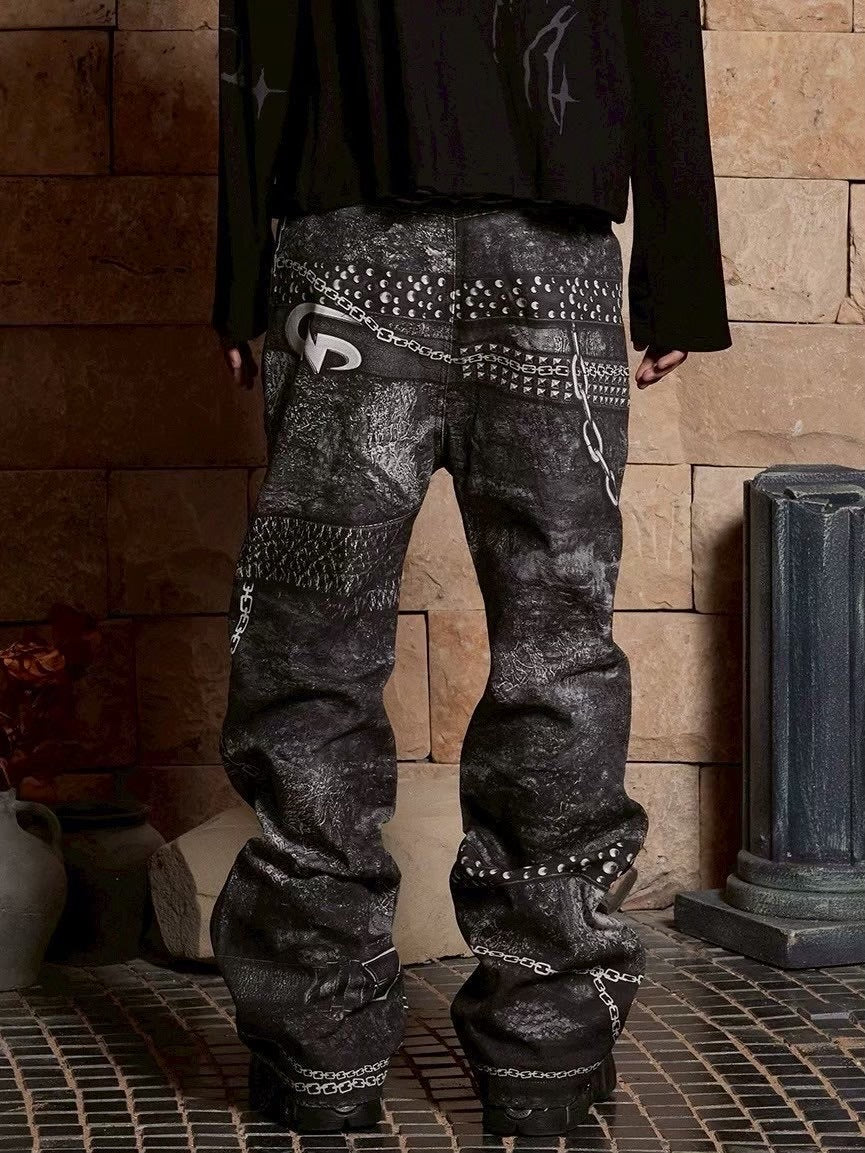 【DND4DES】MULTI BELTS CHAIN PRINTED JEANS