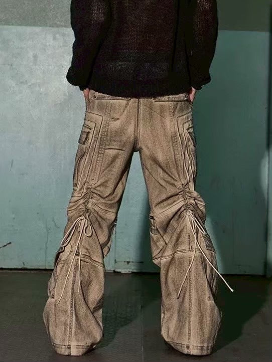 【DND4DES】DISTRESSED DRAWSTRING ADJUSTABLE ZIPPER CARGO PANTS