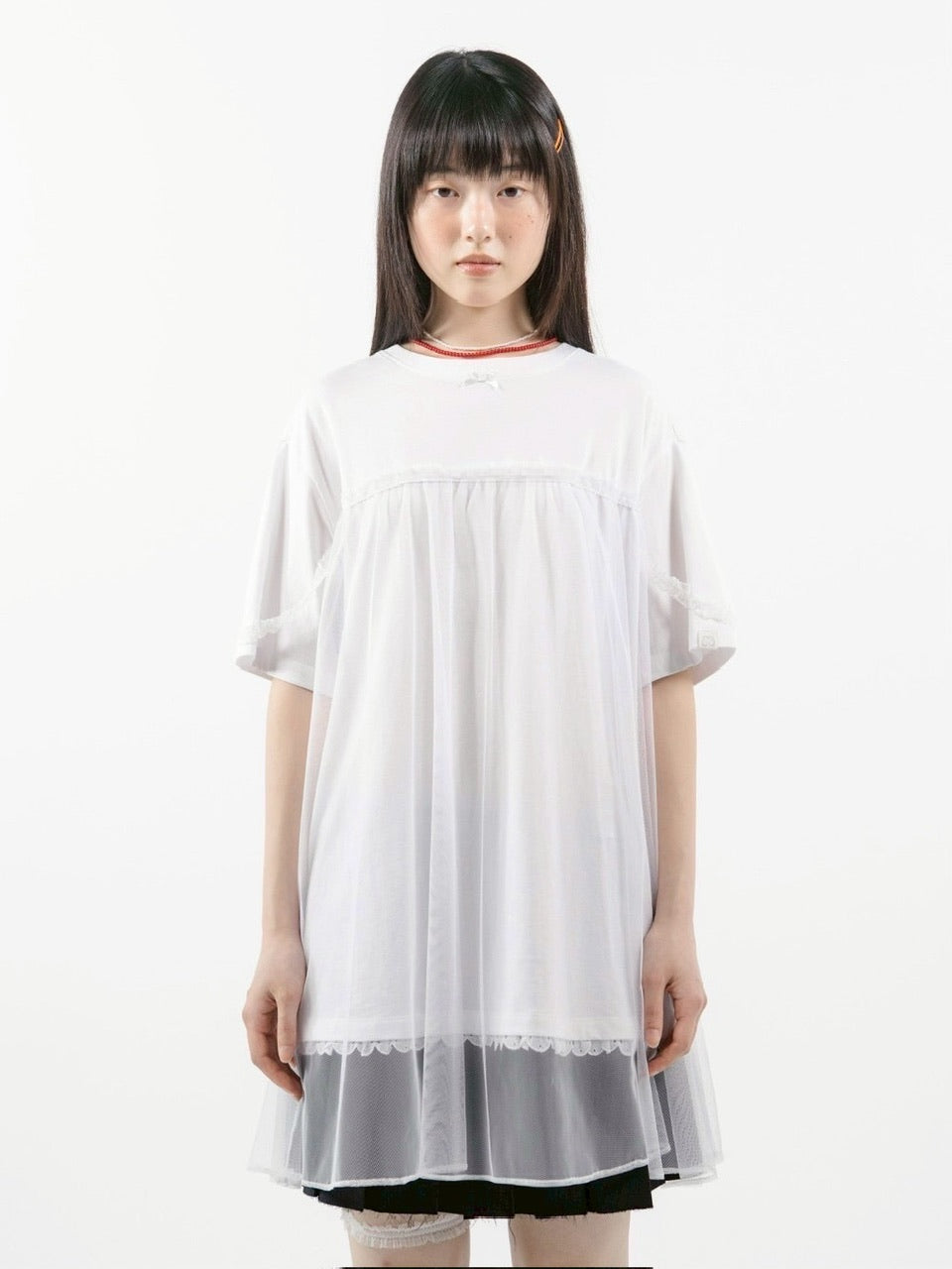 【TUOMIO】MESH LAYERED LACE T-SHIRT / 【トゥオミオ】メッシュレイヤードレース半袖Tシャツ