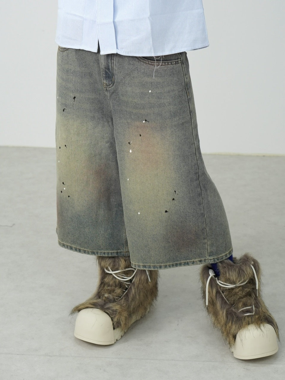 国際配送【Nerd out XU】pink washed seven quarte denim pants / 【ナードアウトエックスユー】ピンクウォッシュドワイドハーフパンツ