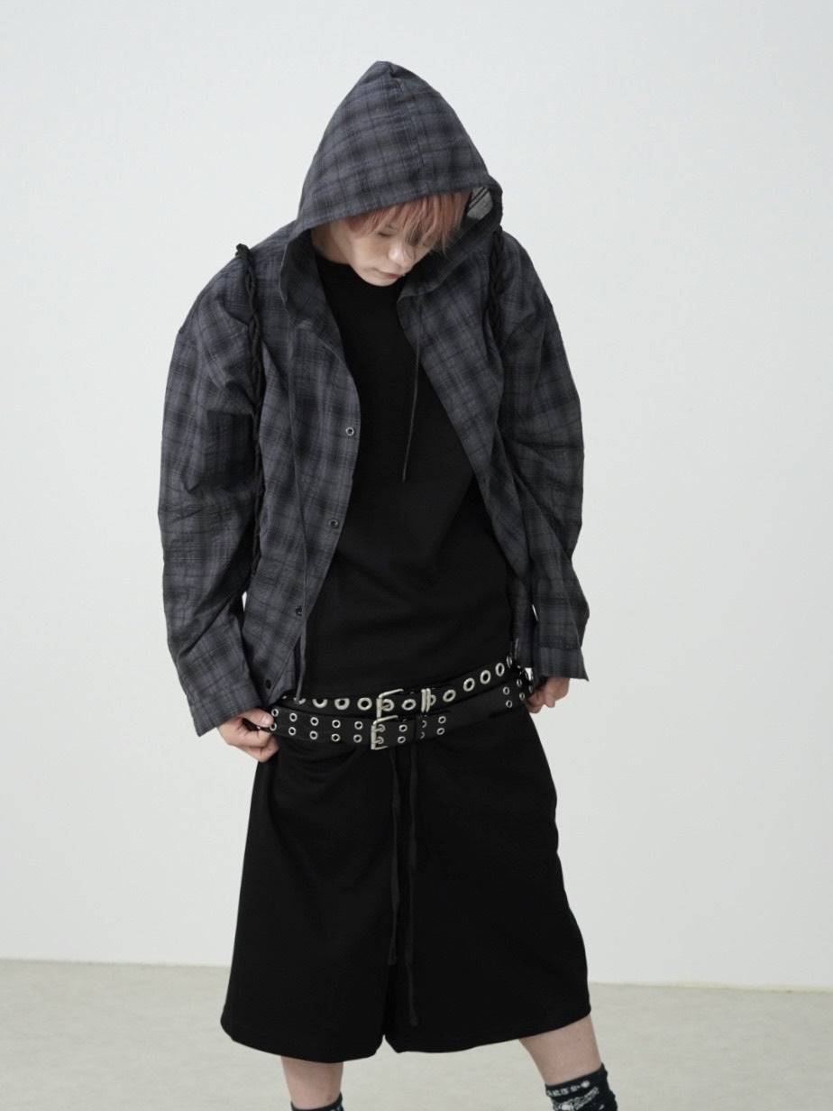 国際配送【Nerd out XU】oversized hood check shirt (2color) / 【ナードアウトエックスユー】オーバーサイズフードチェック長袖シャツ
