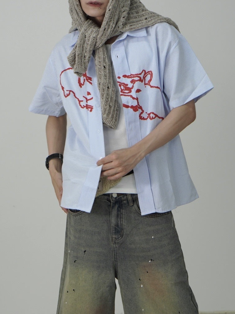 国際配送【Nerd out XU】rabbit stripe short sleeve shirt / 【ナードアウトエックスユー】ラビットプリントストライプボーダー半袖シャツ
