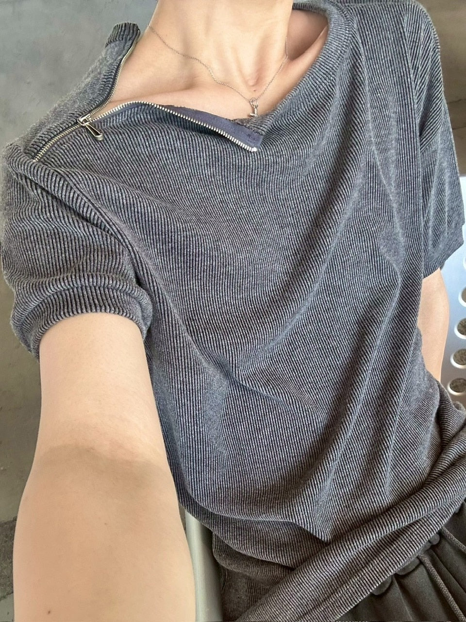 受注制【LUV CODE】shoulder zip half sleeve knit (3color)