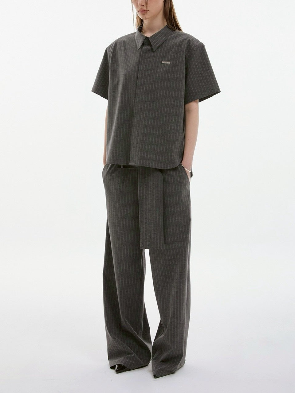 【ESC STUDIO】neat shoulder pad shirt/ 【イーエスシーステュディオ】ニートショルダーパット半袖シャツ