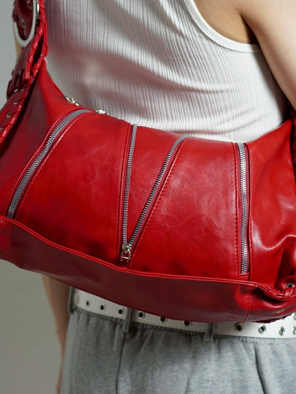 受注制【Chikashitsu +】big zip Non-leather material bag / 【チカシツプラス】ビックジップノンレザーショルダーバッグ