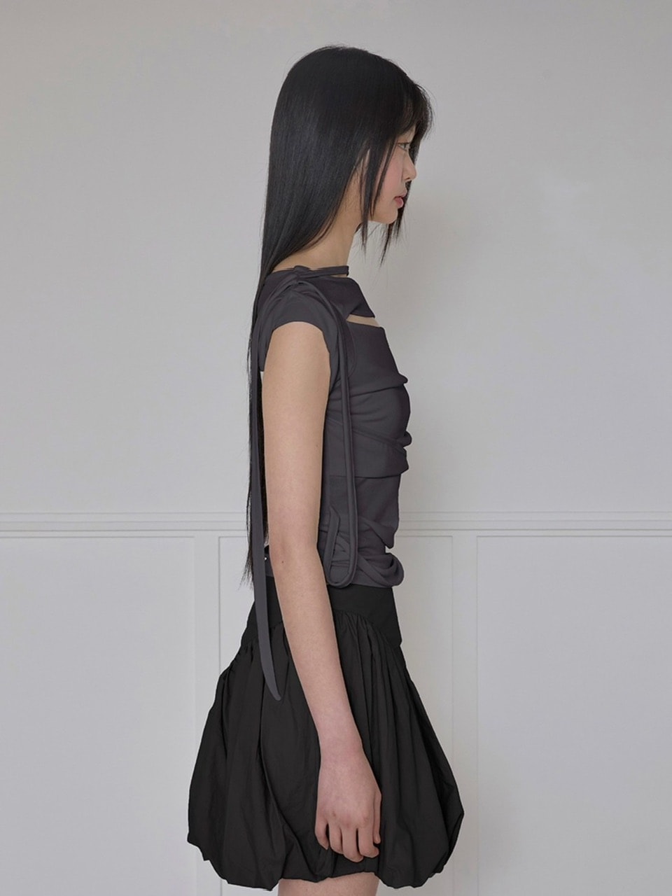 【FLAREUP】Asymmetrical Draped Strap Roll-Up T-Shirt