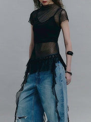【NOT KNOWING】Dot Mesh Ruffle Top / 【ノットノーイング】ドットメッシュラッフル半袖Tシャツ
