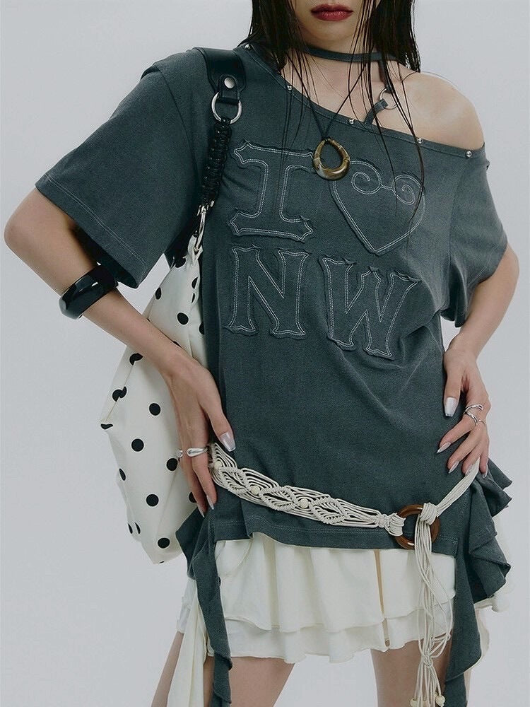 【NOT KNOWING】One Shoulder I LOVE Ruffle Top / 【ノットノーイング】ワンショルダーアイラブラッフル半袖Tシャツ