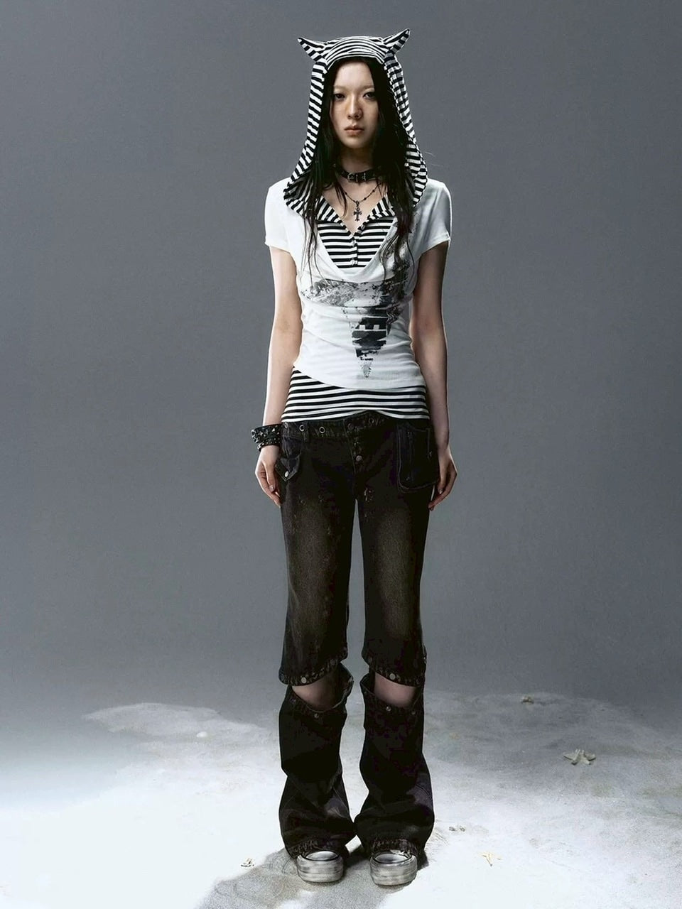 【Cest Nous】Striped Cat-Ear Top / 【セヌー】ボーダーレイヤードキャットイヤー半袖Tシャツ