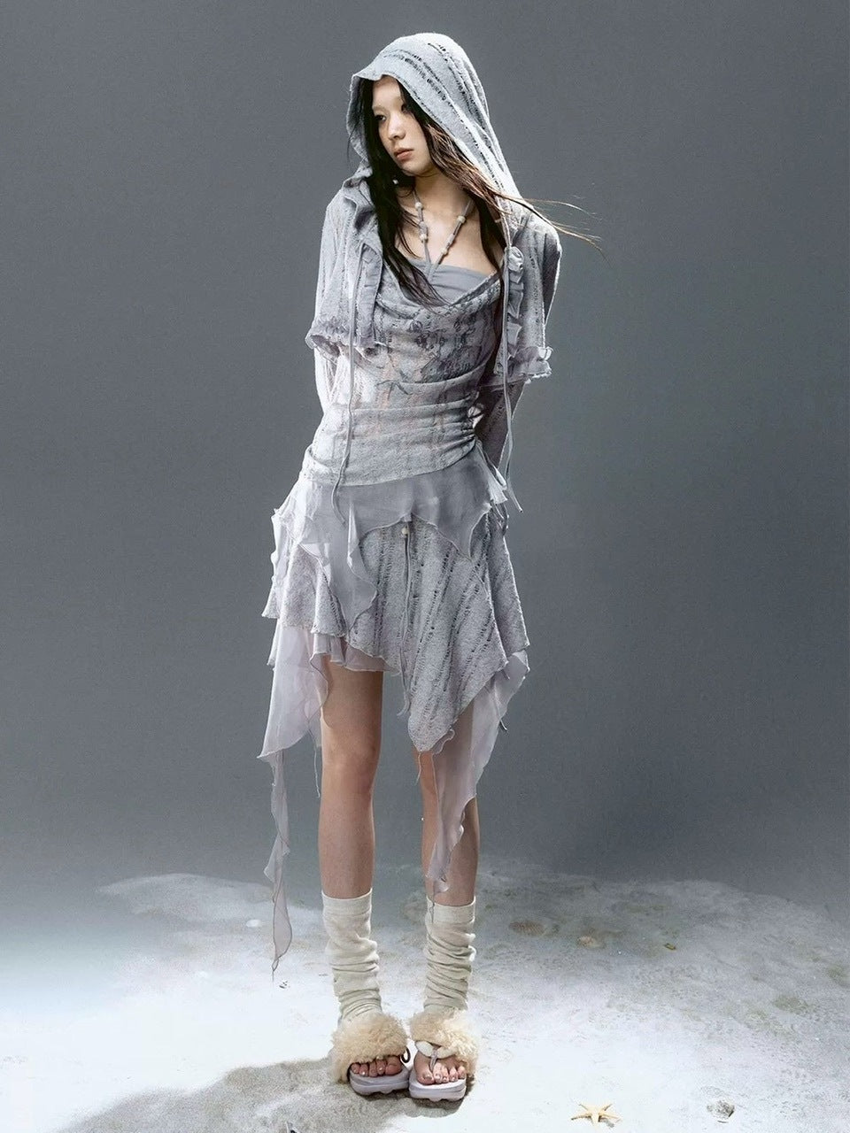 【Cest Nous】Misty Blue Cardigan / 【セヌー】フードフリルシースルーカーディガン