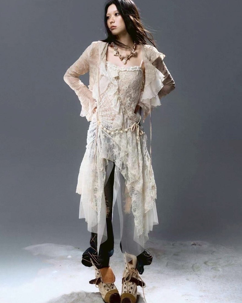 【Cest Nous】Plaid Chiffon Cardigan / 【セヌー】シフォンフリルシースルーカーディガン