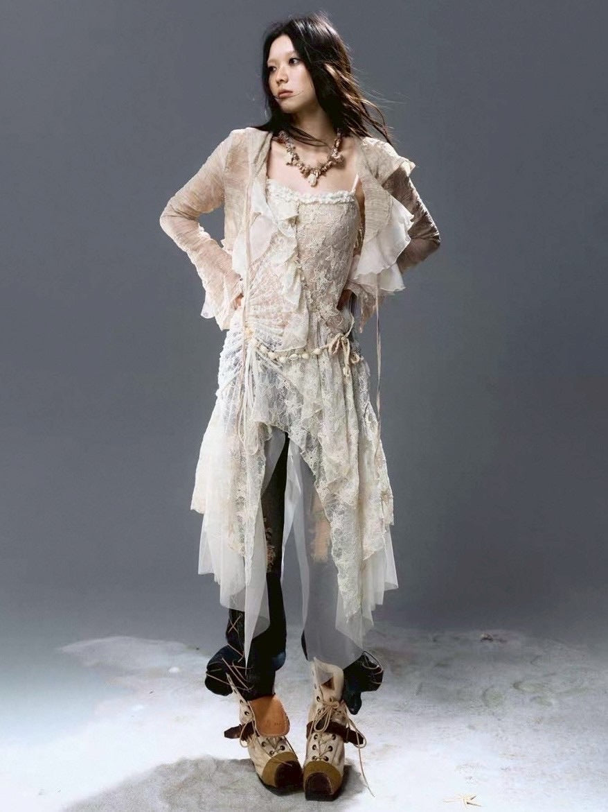 【Cest Nous】Plaid Chiffon Cardigan / 【セヌー】シフォンフリルシースルーカーディガン