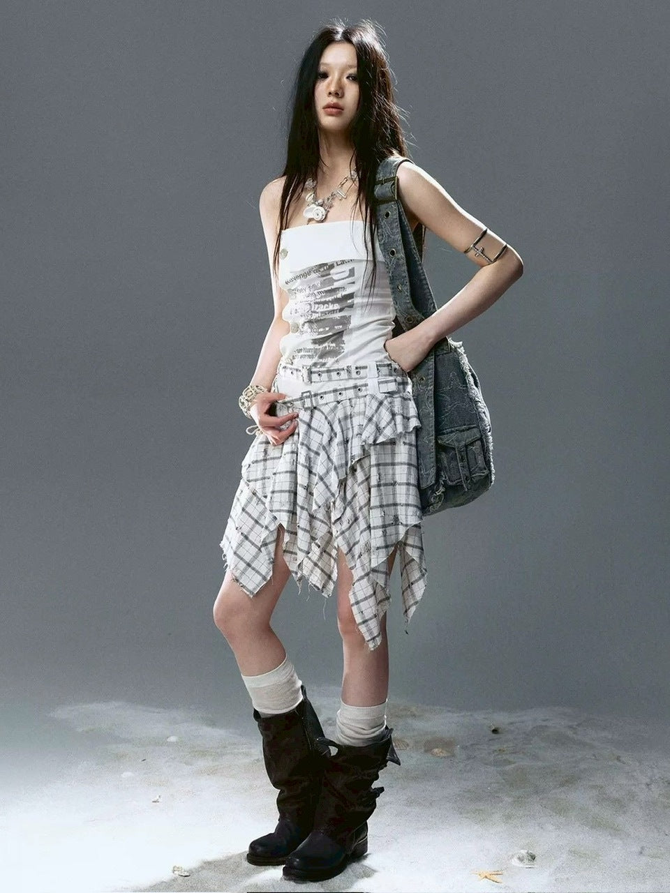 【Cest Nous】Star & Cross Denim Bag / 【セヌー】デニムショルダーバッグ