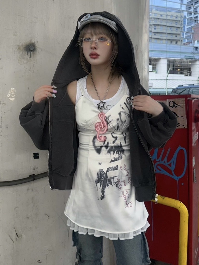 【NMTXU】rhinestone design zip parka / 【エヌエムティーエックスユー】ラインストーンデザインダブルジップパーカー