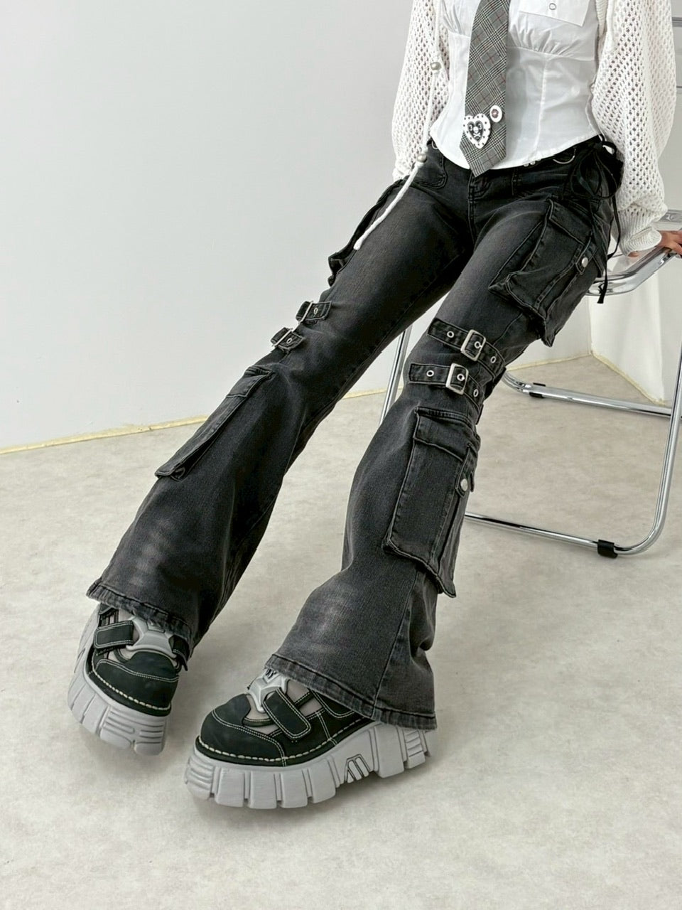 【NMTXU】flare cargo denim pants / 【エヌエムティーエックスユー】ウォッシュドフレアカーゴデニムパンツ