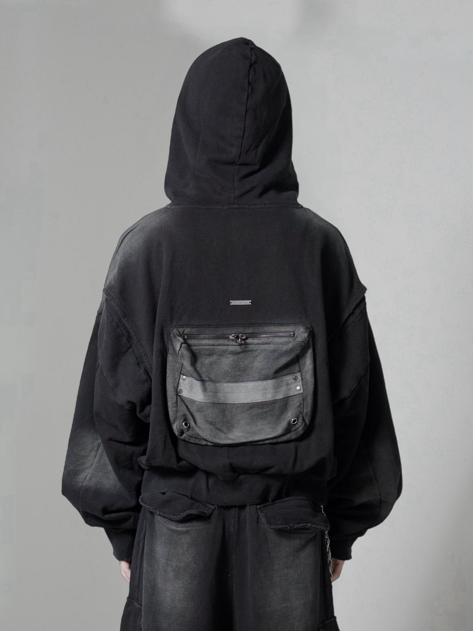 【CHIKASHITSU PLUS HIGH】cropped dirty wash double zip hoodie (wash black) / 【チカシツプラスハイ】クロップドダーティーウォッシュダブルジップパーカー