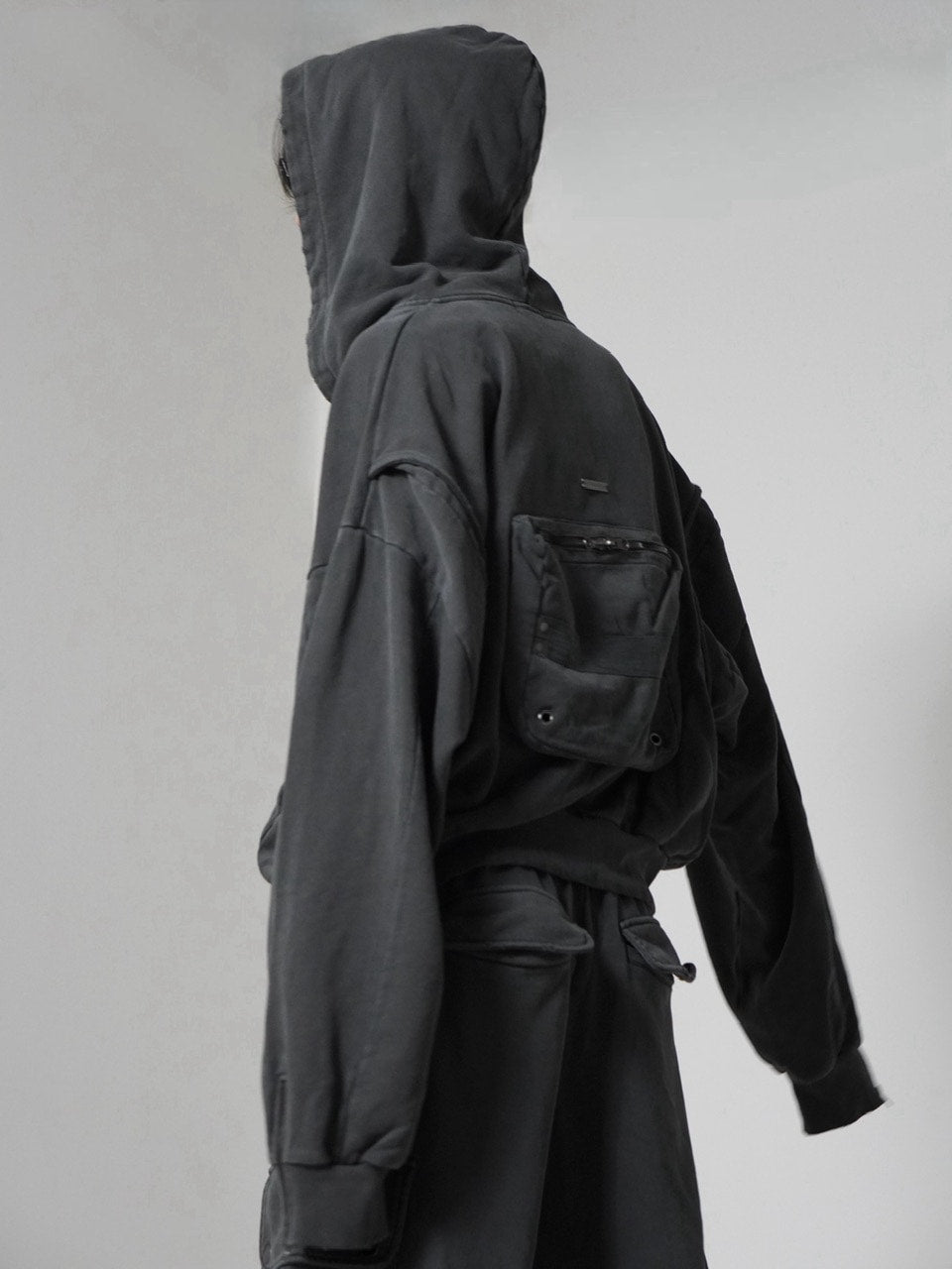 【CHIKASHITSU PLUS HIGH】cropped dirty wash double zip hoodie (charcoal) / 【チカシツプラスハイ】クロップドダーティーウォッシュダブルジップパーカー