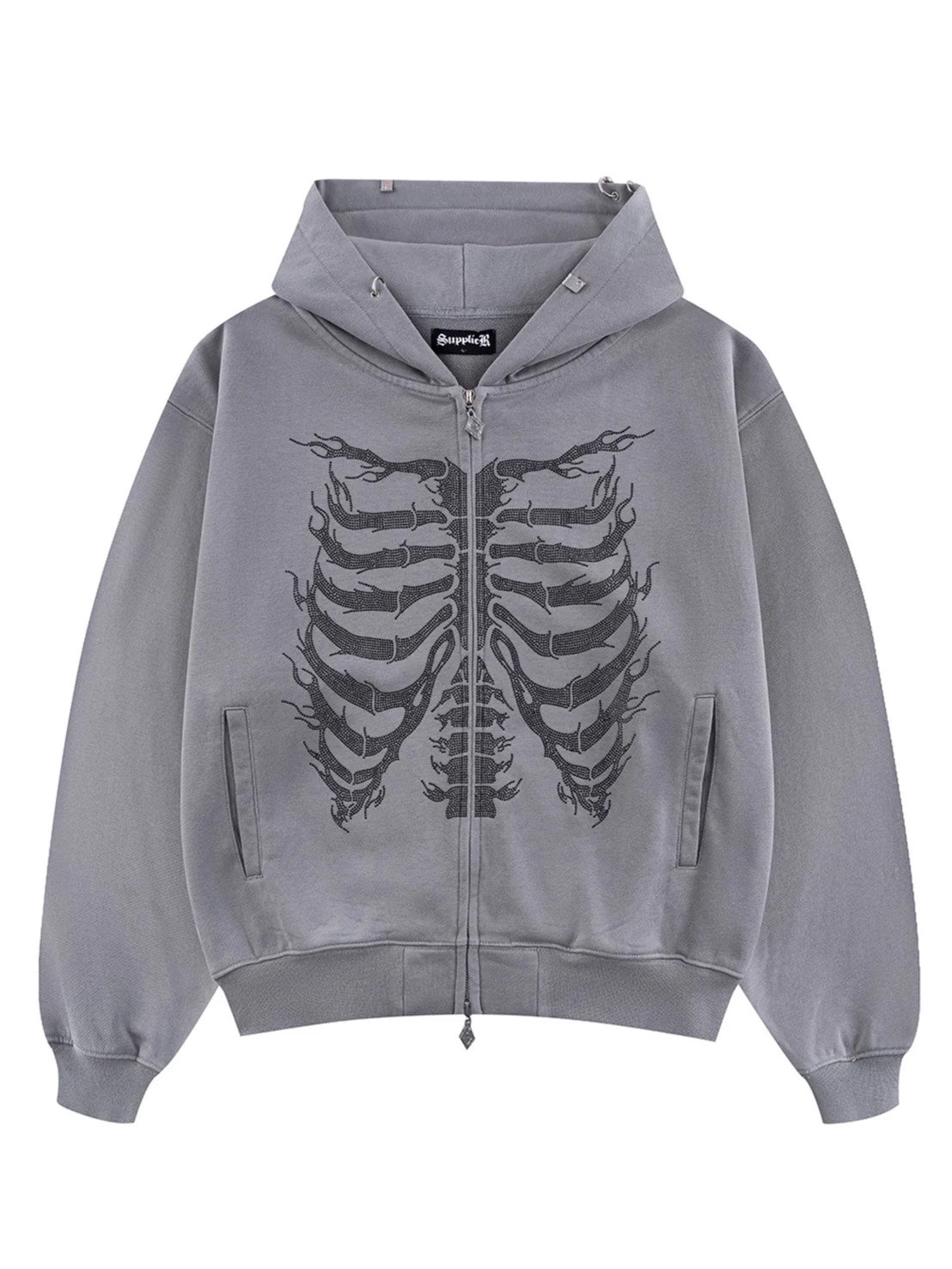 【SUPPLIER】Fire Skeleton Rhinestone Zip Hoodie / 【サプライヤー】ファイヤースケルトンラインストーンジップアップパーカー