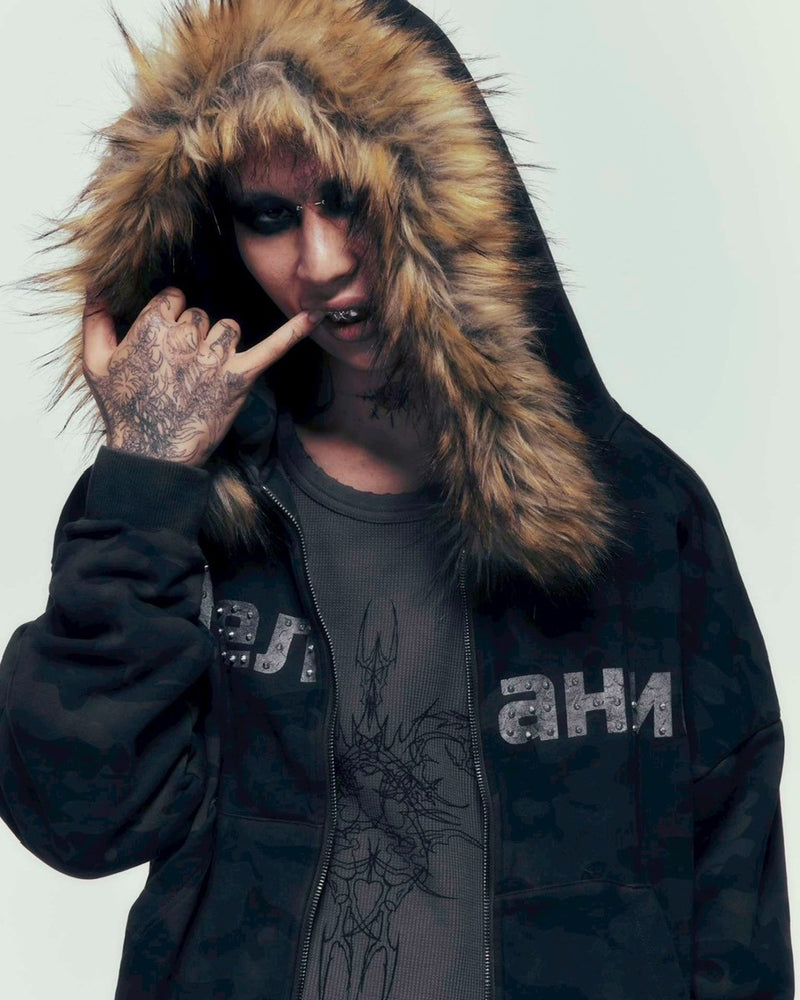 【DIG YOUR OWN GRAVE】Желание FUR HOODIE /【ディグユアオウングレイブ】ファーフードフードジェラーニエロゴジップアップパーカー