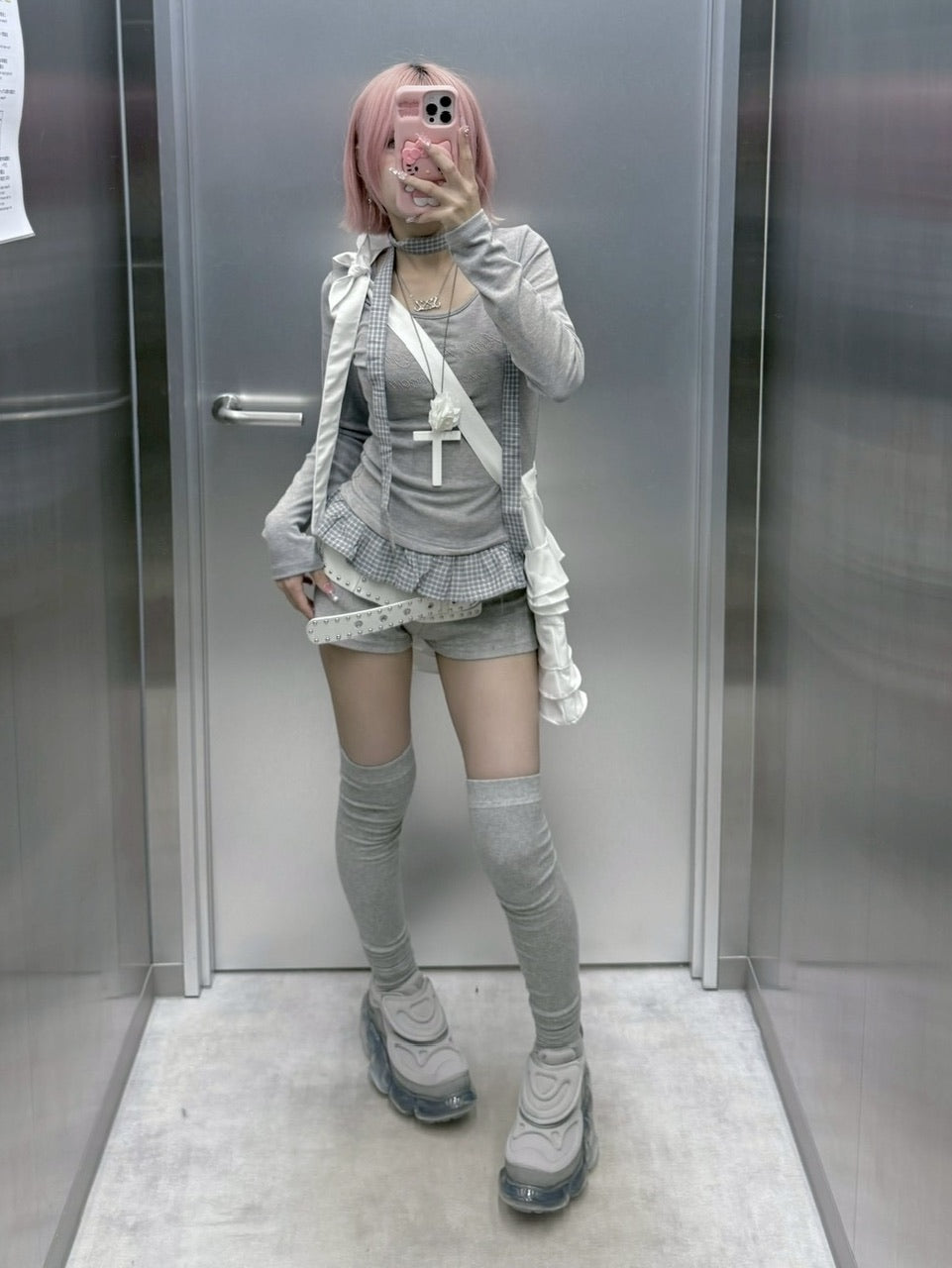 受注制【nmtc +】tie set check lace long sleeve / 【エヌエムティーシープラス】タイ付きチェックレース切り替え長袖Tシャツ (3color)