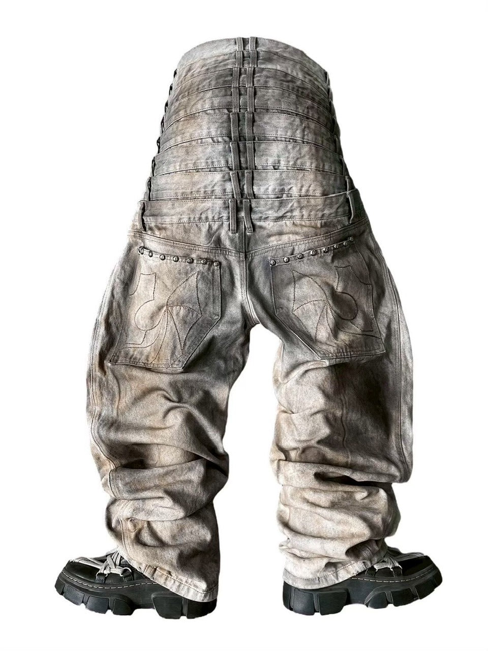 【UNIZ】8 Backs J-Cut Pants / 【ユニズ】ダーティーライクレイヤードバルーンデニムパンツ