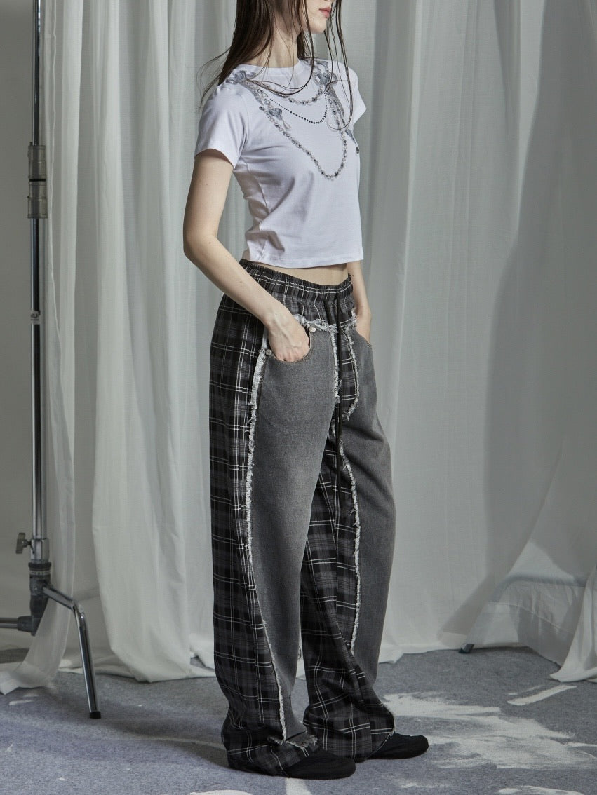 【GATELESS】DAMAGE DENIM PATICHWORK CHECK PANTS / 【ゲートレス】ダメージデニムパッチワークチェックパンツ