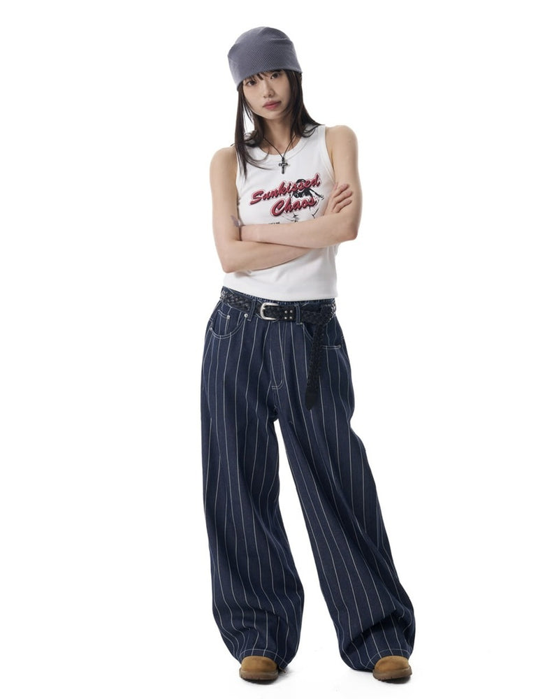 【AAKAM】Striped Cinch Back Denim Pants