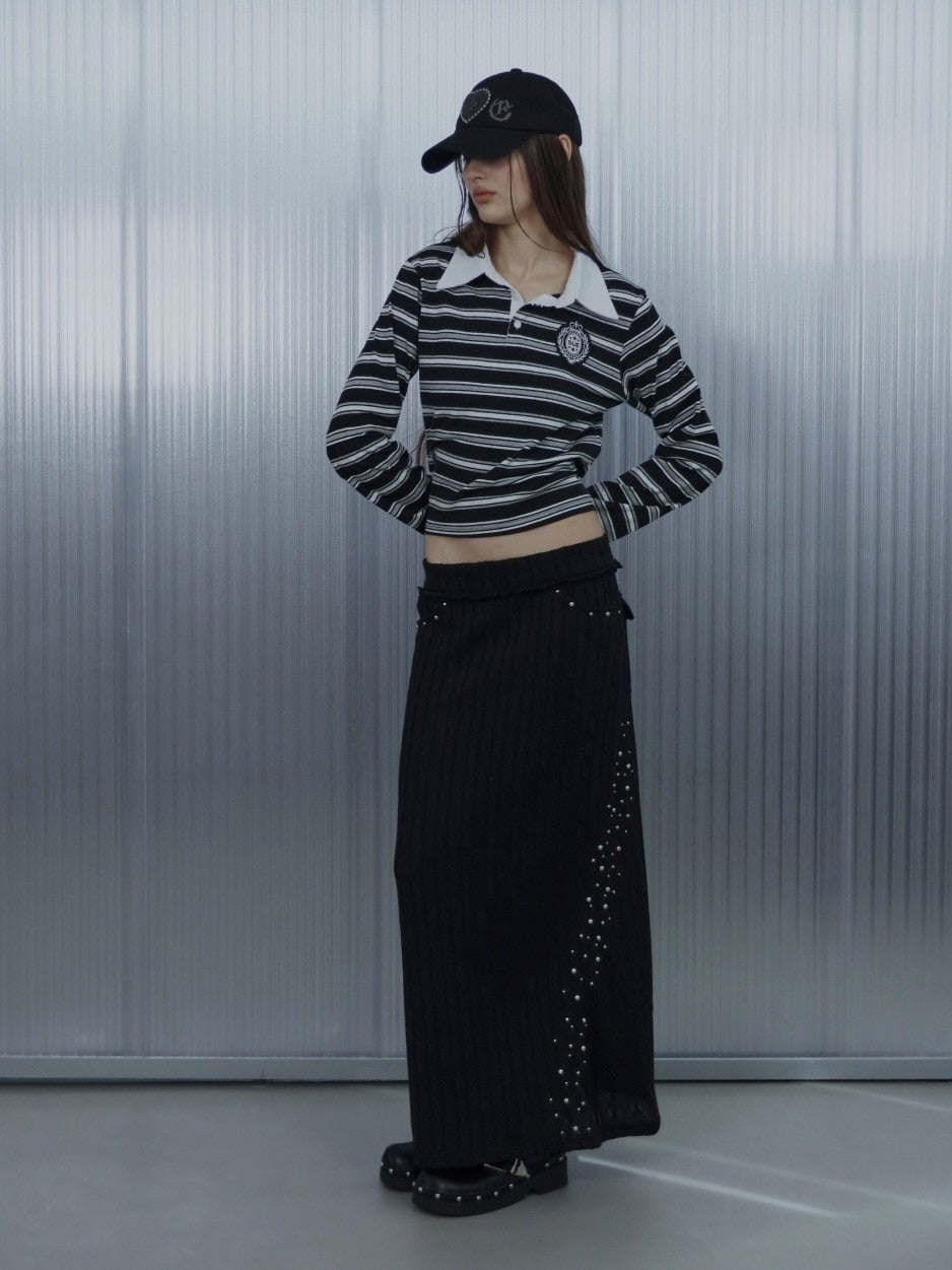 【SETUP‐EXE】STRIPE WAPPEN POLO TOP / 【セットアップエグゼ】ストライプワッペン長袖ポロシャツ