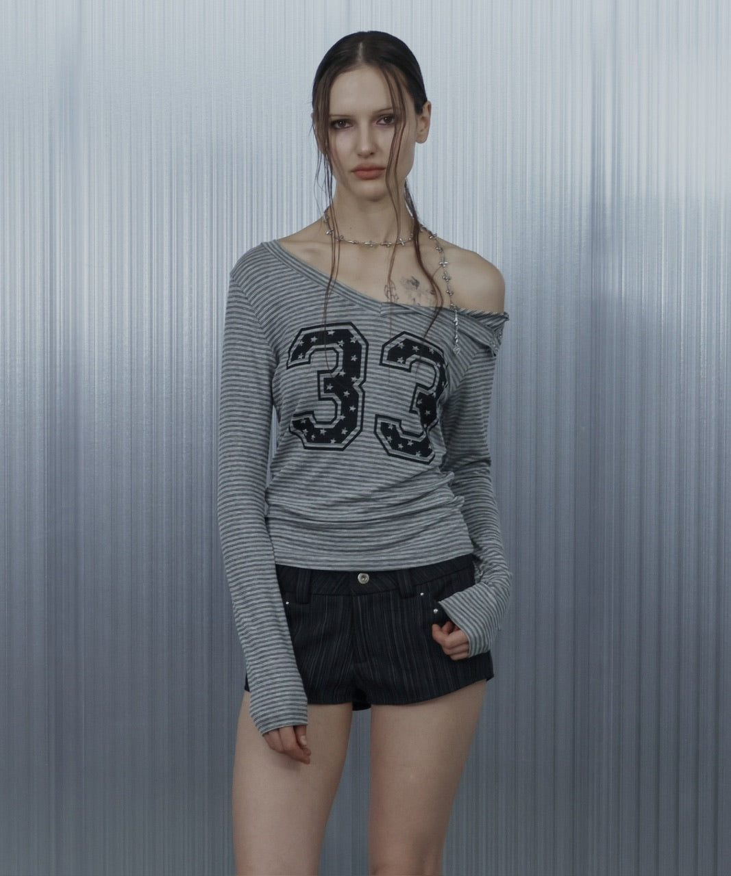 【SETUP‐EXE】33 STRIPE V-NECK TOP / 【セットアップエグゼ】33ストライプ長袖Ｖネック長袖Ｔシャツ