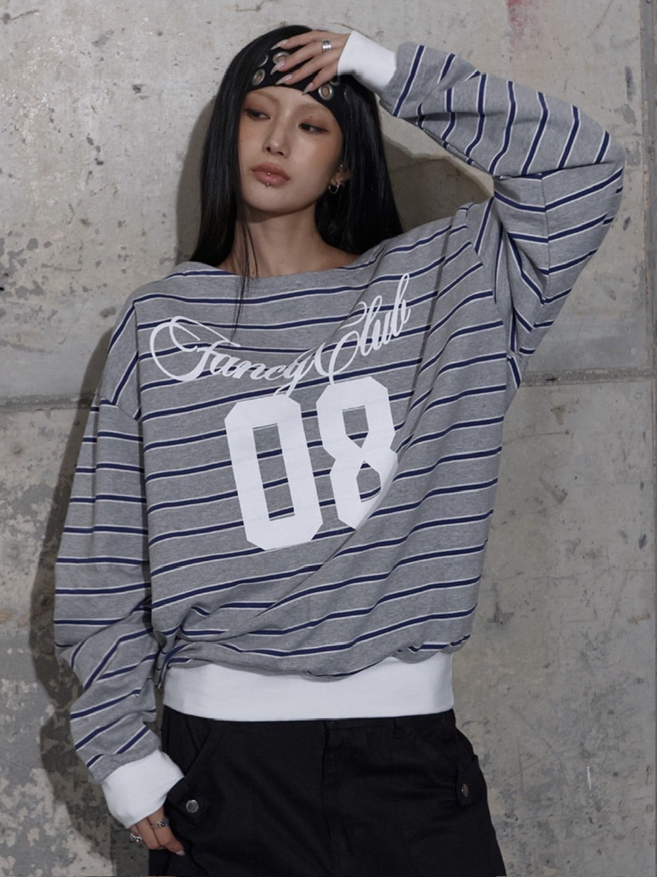 【FANCY CLUB】STRIPE ONE-SHOULDER SWEATSHIRT / 【ファンシークラブ】ストライプワンショルダースウェット長袖Ｔシャツ