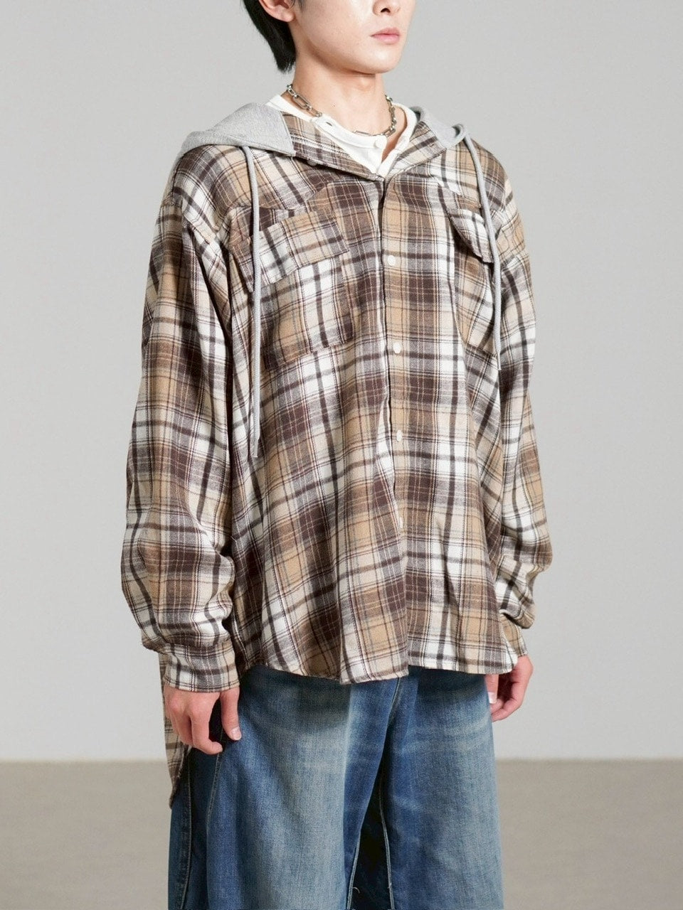 受注制【Chikashitsu +】hood mix check hoodie / 【チカシツプラス】フードミックスチェックパーカー (3color)