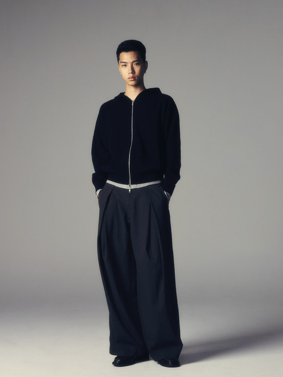 【CS】layered knit zip hoodie (black) / 【シーエス】レイヤードニットジップフーディー