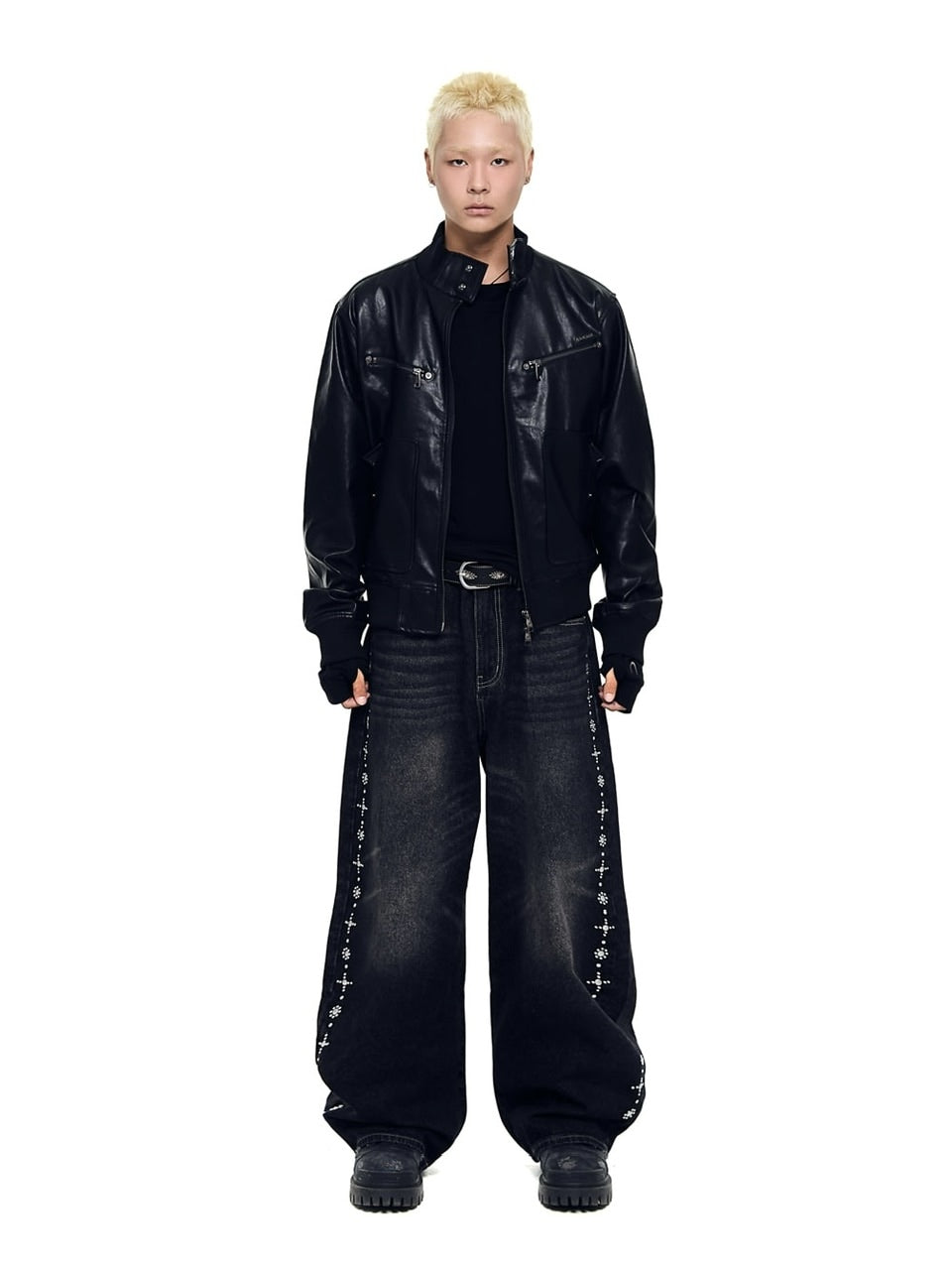 【AAKAM】Side Rhinestone Denim Pants