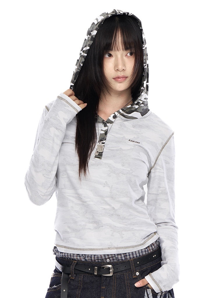 【AAKAM】Camo Contrast Hooded Long Sleeve