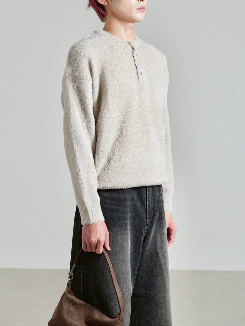 受注制【Chikashitsu +】henry neck hairy knit / 【チカシツプラス】ヘンリーネックヘアリー長袖ニット (5color)