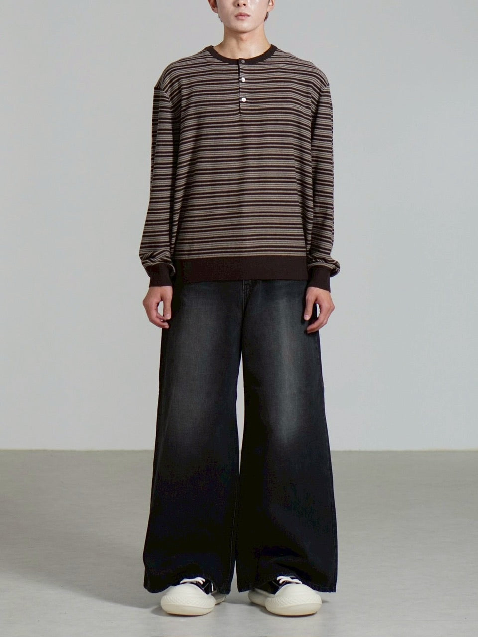 受注制【Chikashitsu +】cropped henry neck border knit / 【チカシツプラス】クロップドヘンリーネックボーダーニット (3color)