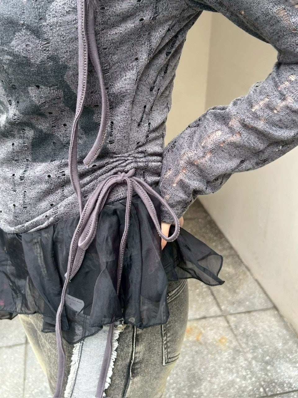 【Never mind the XU】see-through loose tops / 【ネバーマインドザエックスユー】シースルーレイヤードフリル長袖トップス (2color)