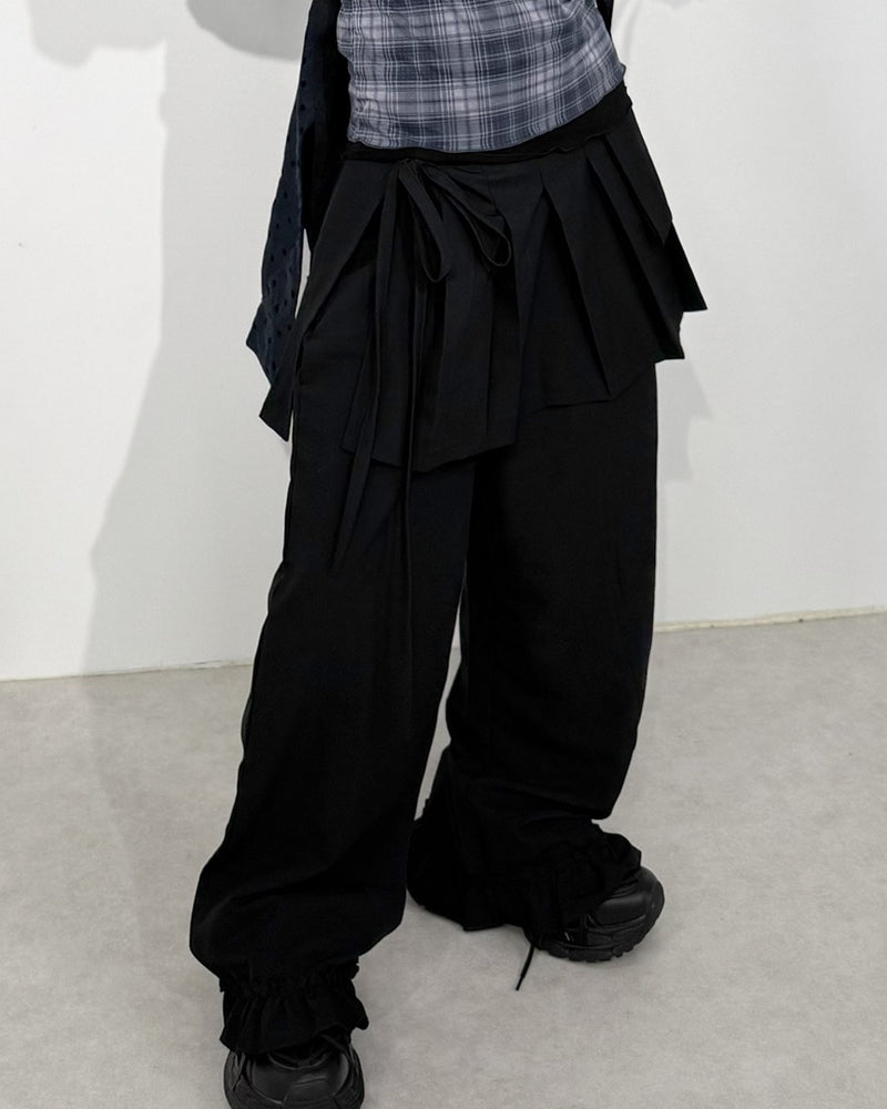 国際配送【Nerd out XU】pleats layered skirt pants set (2color)