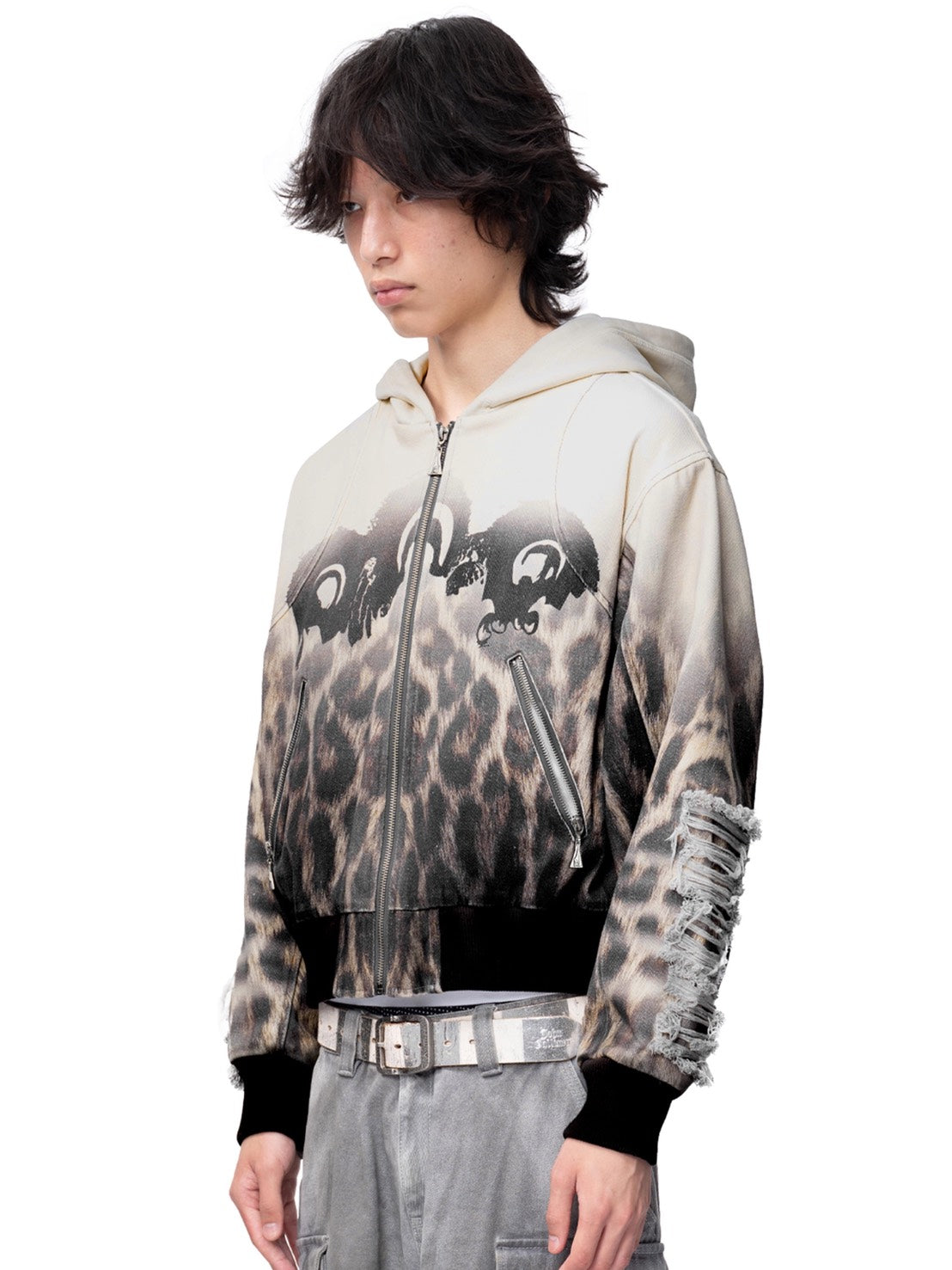 【The Boy Has No Patience】Fur Print Patchwork Jacket / 【ザボーイハズノーペーシェンス】レオパードプリントダメージフードジップアップブルゾン