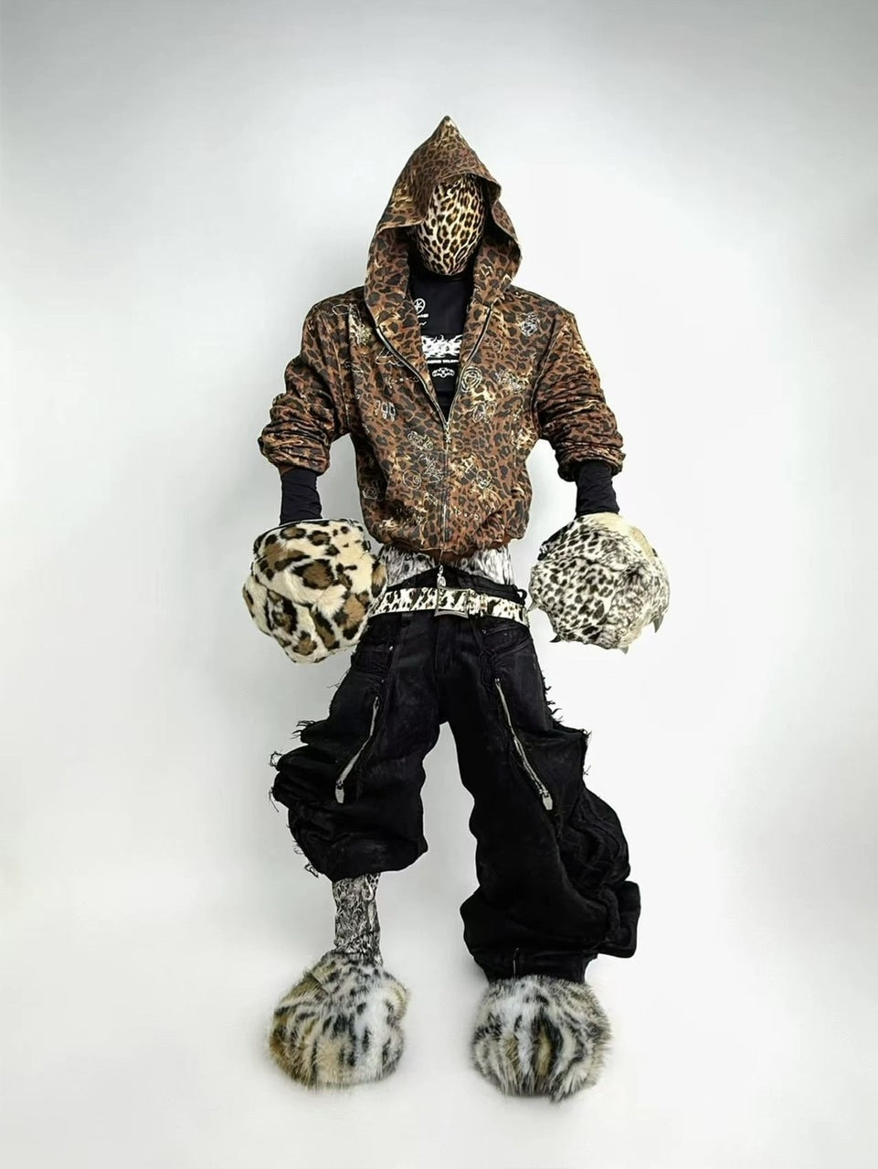 【DND4DES】Cartoon Rhinestone-Studded Leopard Print Zip Hoodie /【ディーエヌディーフォーデス】ラインストーンレオパードプリントジップアップパーカー