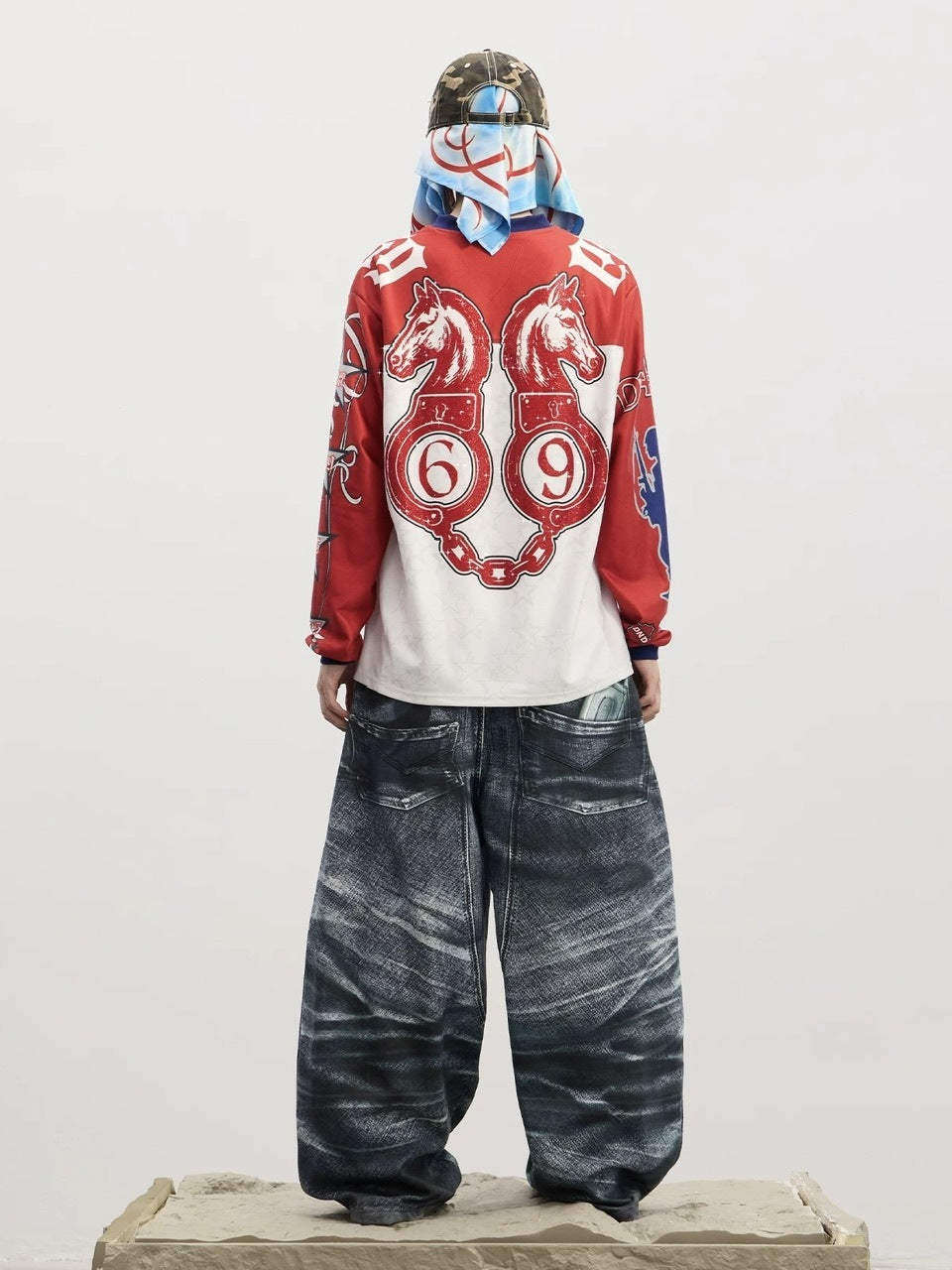 【DND4DES】Double Waist Badge All-Over Print Pants /【ディーエヌディーフォーデス】ダブルウエストプリントデニムパンツ