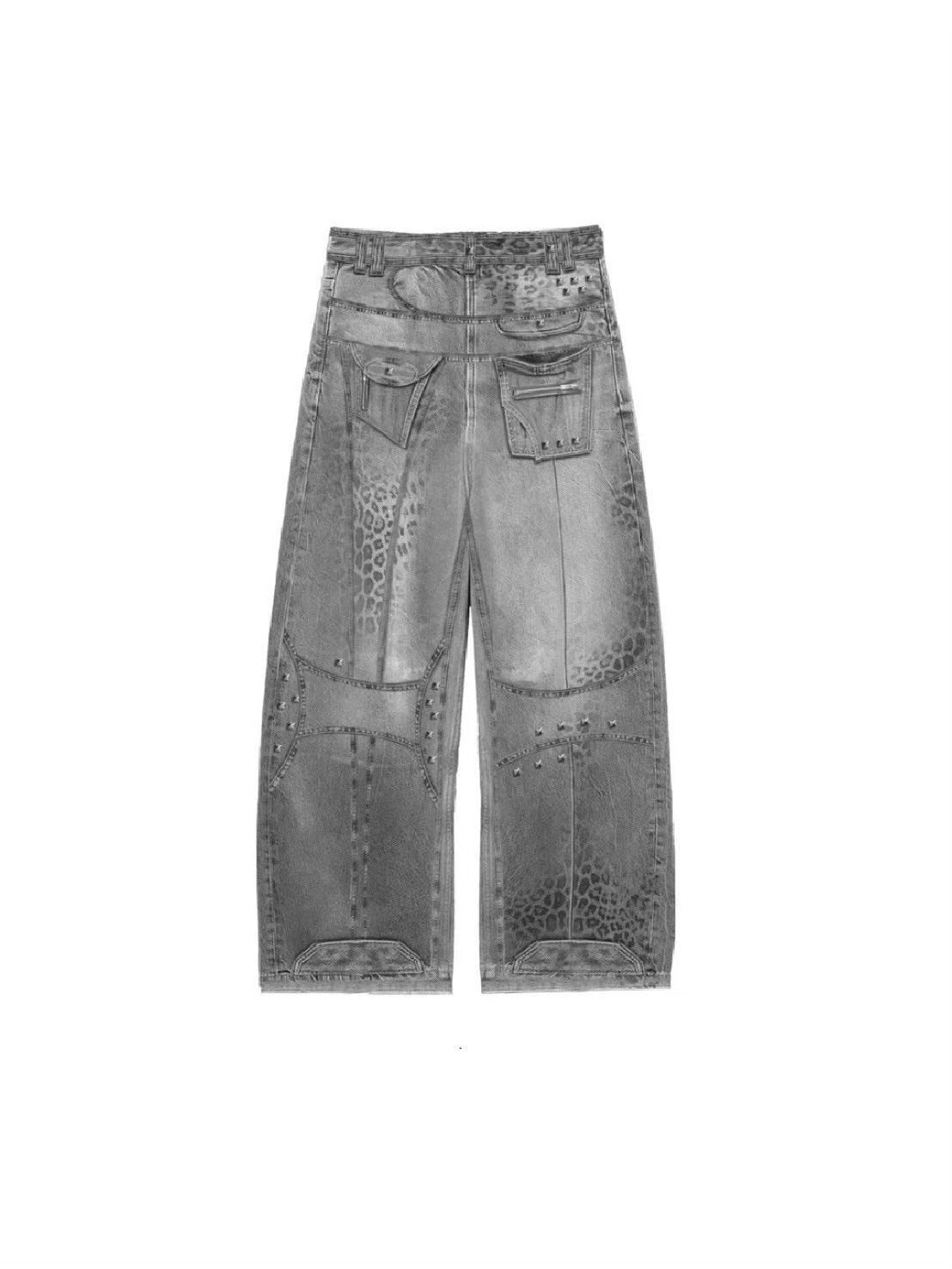 【Cozy world Wide】"25 LEOPARD" WAXED GREY BAGGY JEANS / 【コージーワールドワイド】スタッズレオパードバギーデニムパンツ