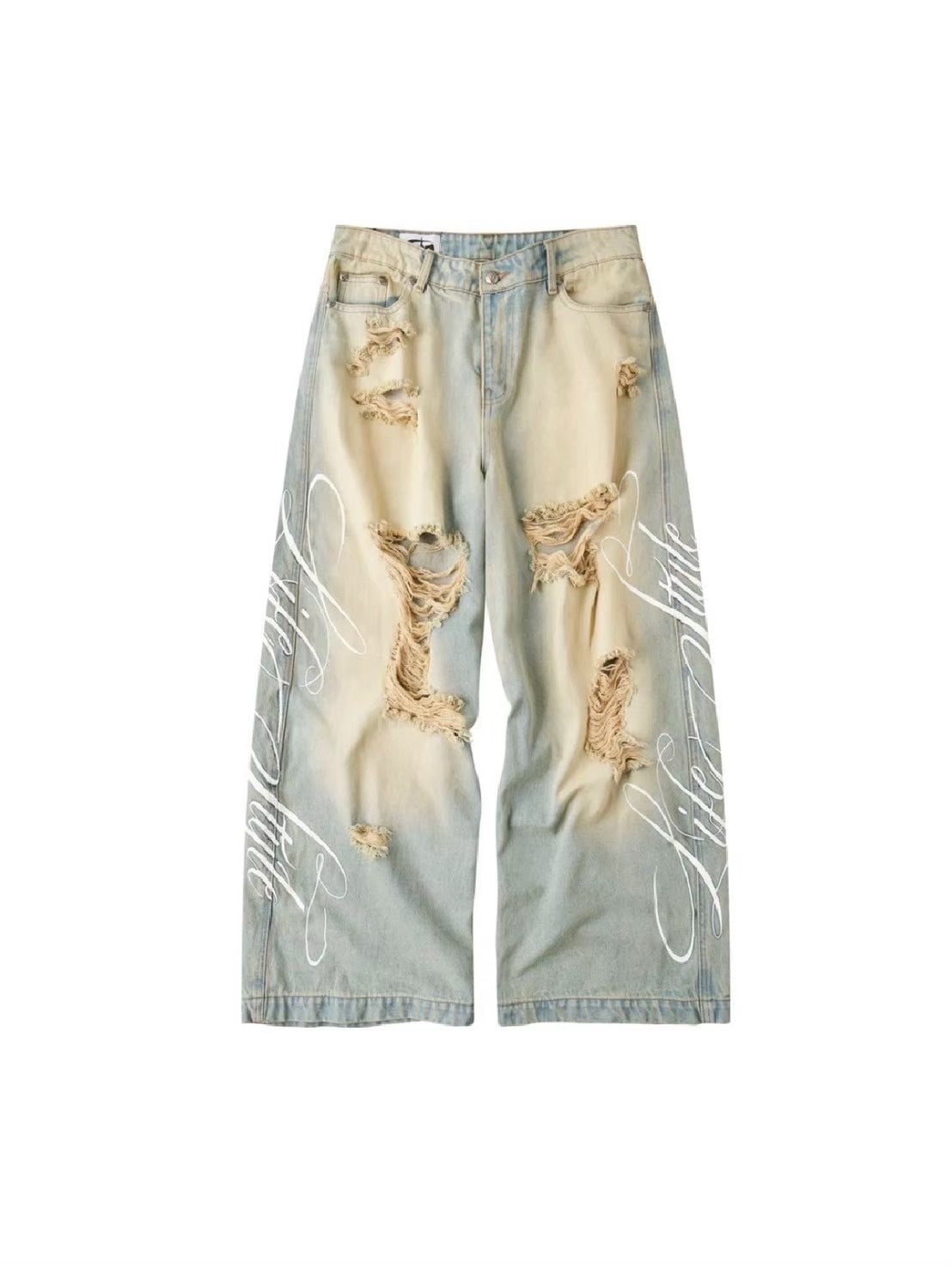 【Cozy world Wide】"LIFESTYLE" VINTAGE WAXED BAGGY JEANS / 【コージーワールドワイド】レタリングダメージウォッシュバギーデニムパンツ