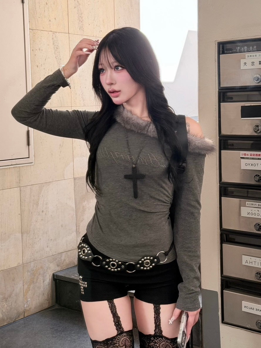 受注制【nmtc +】fur one shoulder long sleeve / 【エヌエムティーシープラス】ファーワンショルダー長袖Tシャツ (3color)