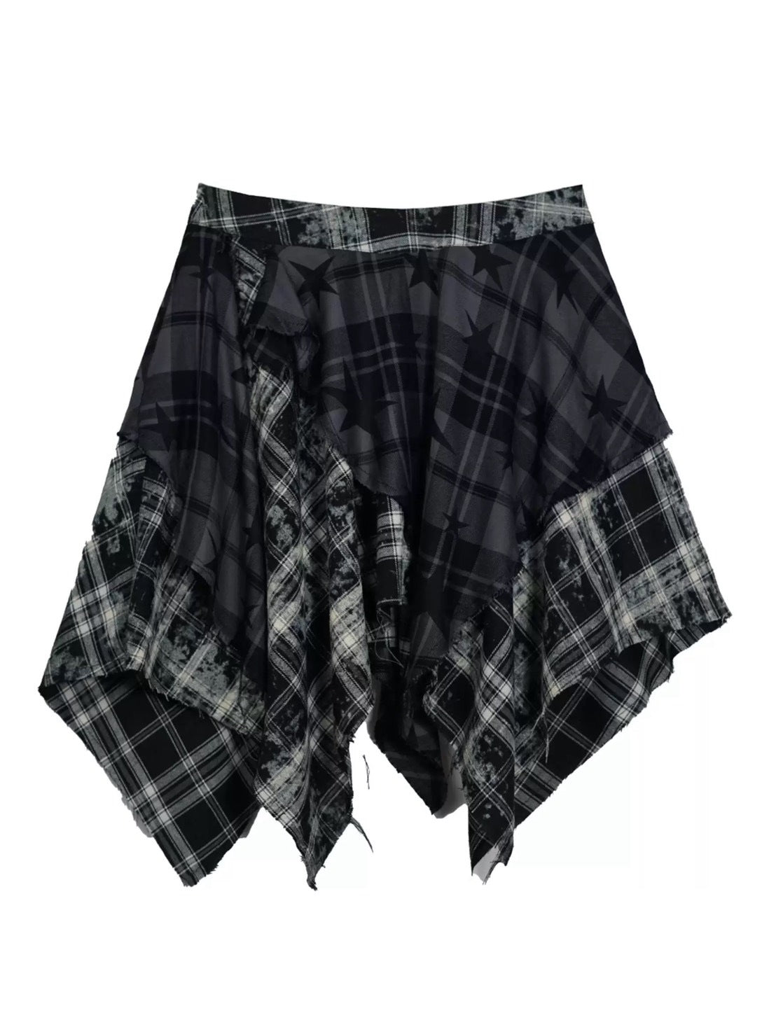 【Cest Nous】Star-Patterned Plaid Asymmetrical Skirt