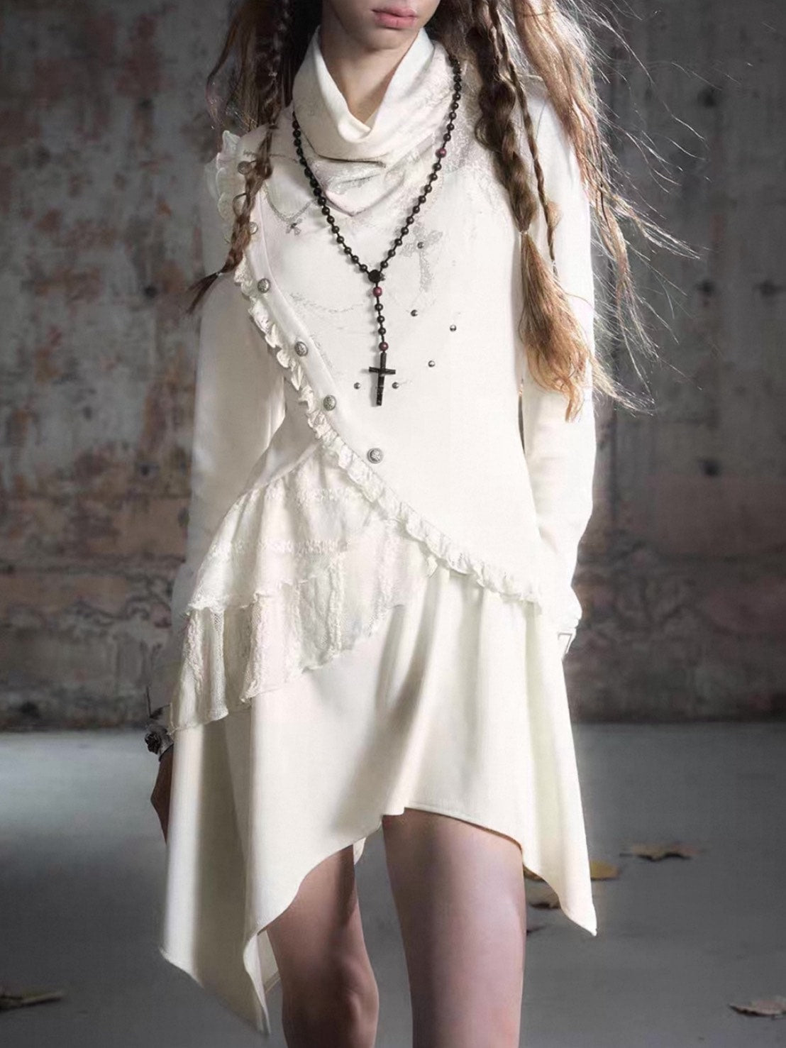 【Cest Nous】Beige Cowl Neck Dress / 【セヌー】ハイネックアシンメトリーフリルワンピース