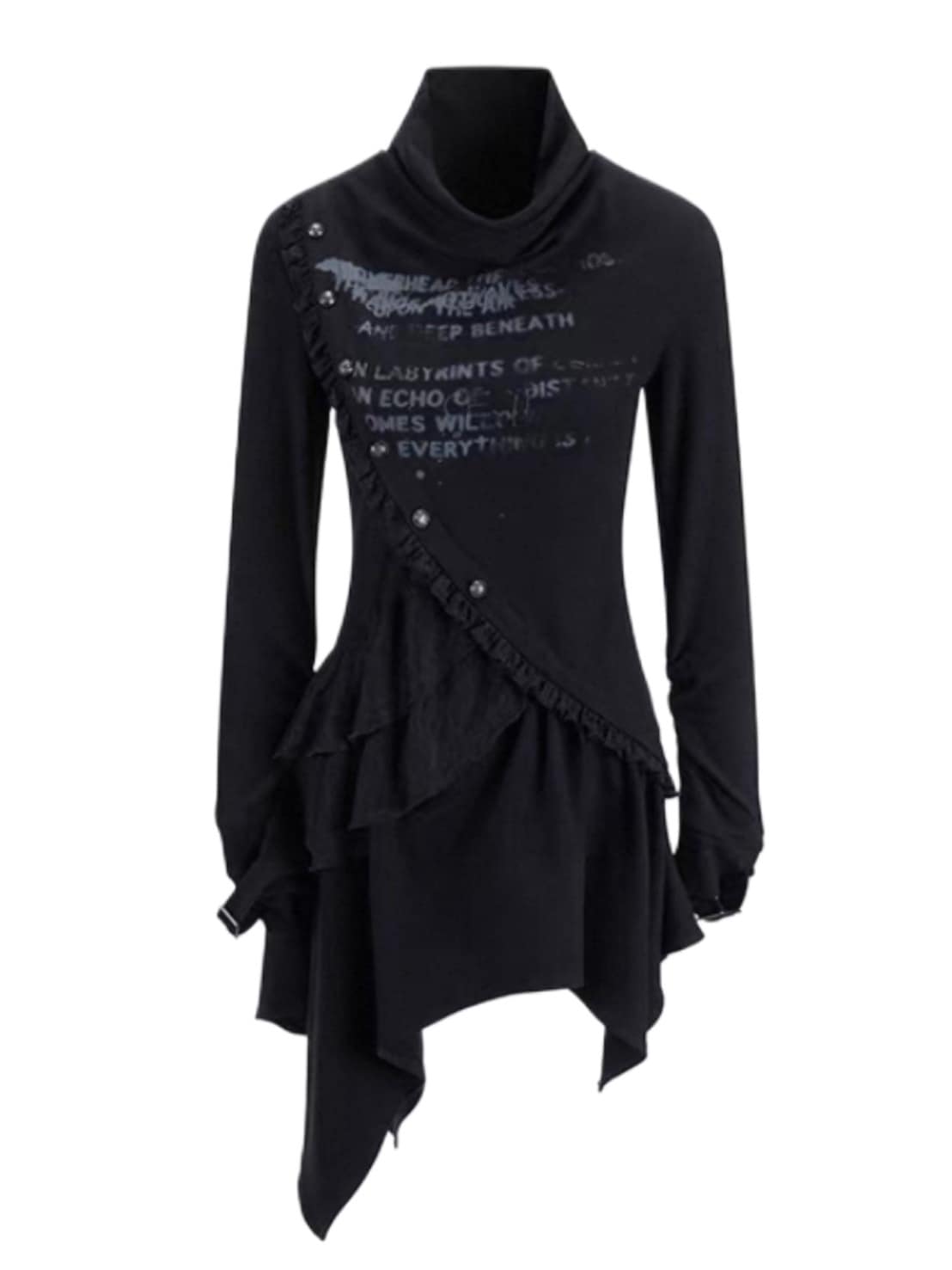 【Cest Nous】Black Cowl Neck Dress / 【セヌー】ハイネックアシンメトリーフリルワンピース